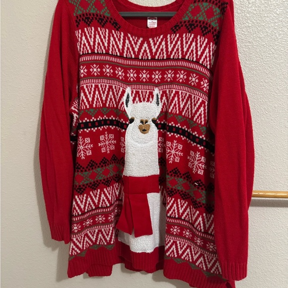 Red Women's Sweater with Festive Llama Design - Picture 1 of 3